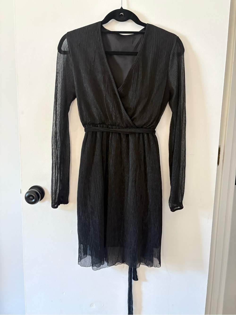 Black Long Sleeve Wrap Dress with Waist Tie Subtle Shimmer Small